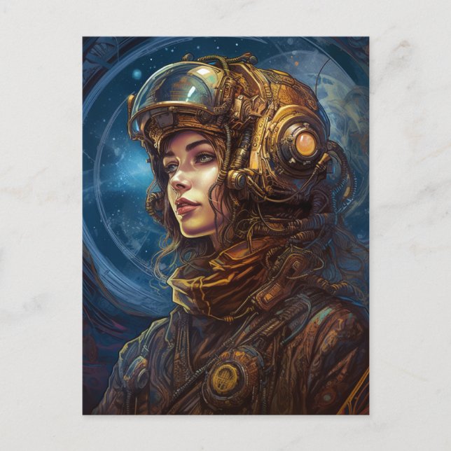 Postal Piloto de Arte de Ciencia Ficción Lady Futurista (Anverso)