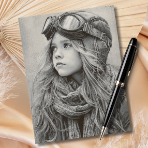 Postal Piloto Femenina Boceto Negro Chica Aviación Cumple