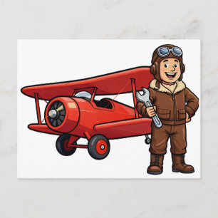 Postal Piloto Vintage con Arte de Dibujos Animados de Bip