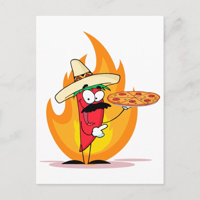 Postal Pimienta de chile de Sombrero Chile sostiene pizza (Anverso)