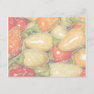 Postal Pimientos calientes, fondo descolorido con seguimi