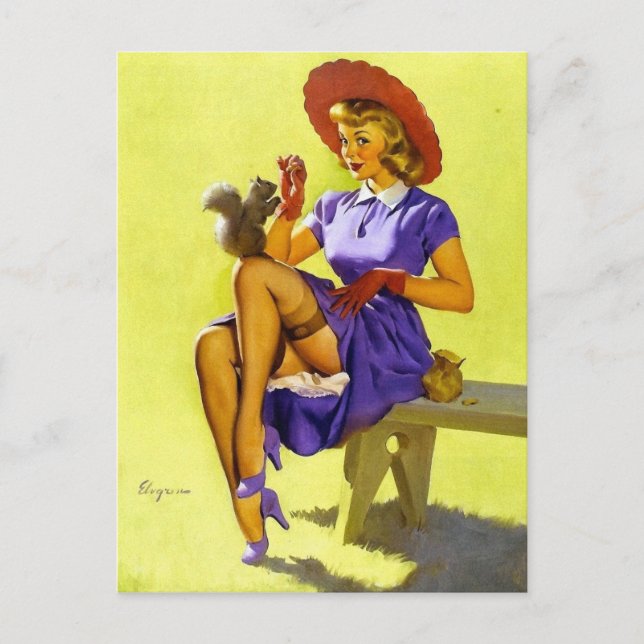 Postal Pin-Up alimentando una ardilla (Anverso)
