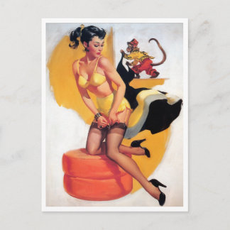 Postal Pin Up Brunette Monkey Business Vintage