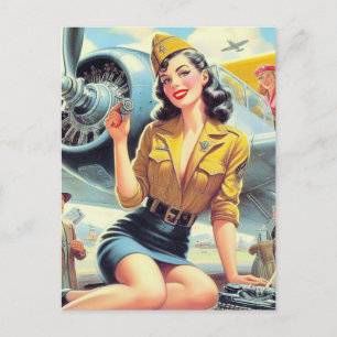 Postal Pin-up de avión retro