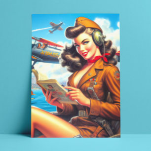 Postal Pin-up de avión retro