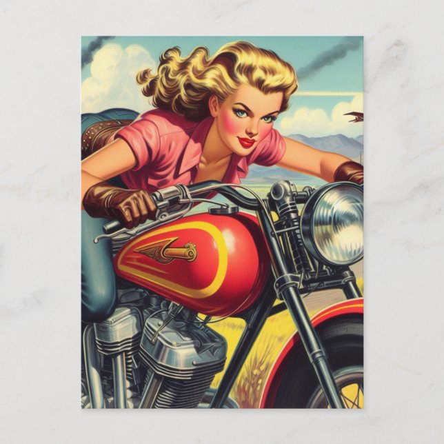 Postal Pin-up de motocicleta retro (Anverso)