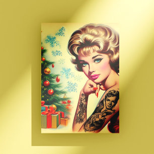 Postal Pin-up de Navidad Tatuada Vintage