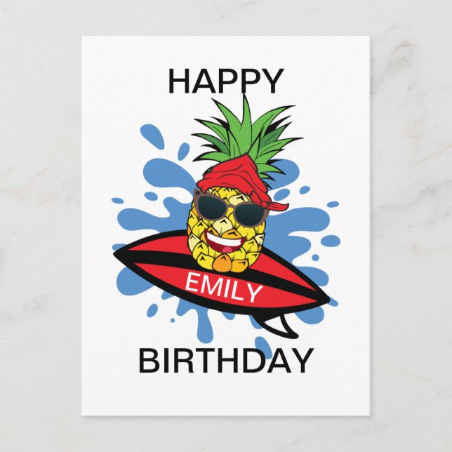 Postal Piña Surfista Cumpleaños Divertido (Anverso)