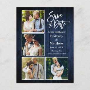 Postal Pincel Script Blue Madera Save The Date 4 Foto