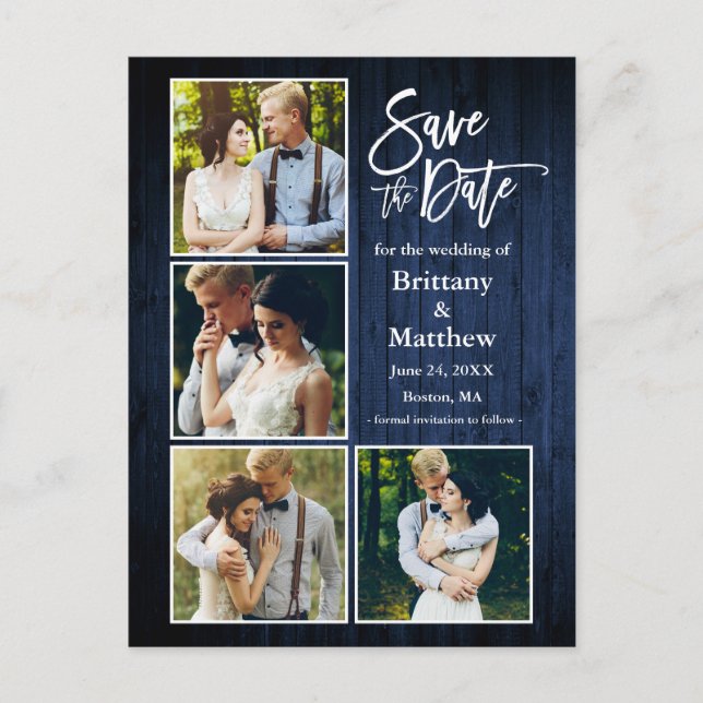 Postal Pincel Script Blue Madera Save The Date 4 Foto (Anverso)