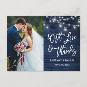 Postal Pincel Script Bodas Luces Madera Azul Amor Gracias