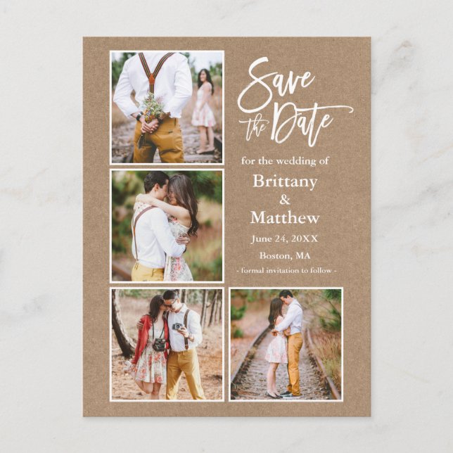 Postal Pincel Script Kraft Save The Date Pareja 4 Foto (Anverso)