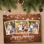 Postal Pincel Script Luces de madera 3 Fiesta familiar de<br><div class="desc">Guión de pincel de madera rústica 3 Familia de fotos Feliz Postales de vacaciones con luces de cadena</div>