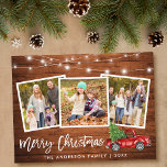 Postal Pincel Script Luces de madera Camión 3 Navidades f<br><div class="desc">Guión de pincel de madera rústica 3 Familia de fotos Tarjeta navideña de merry con luces de cadena - Camión rojo de color de agua con árbol de Navidad</div>