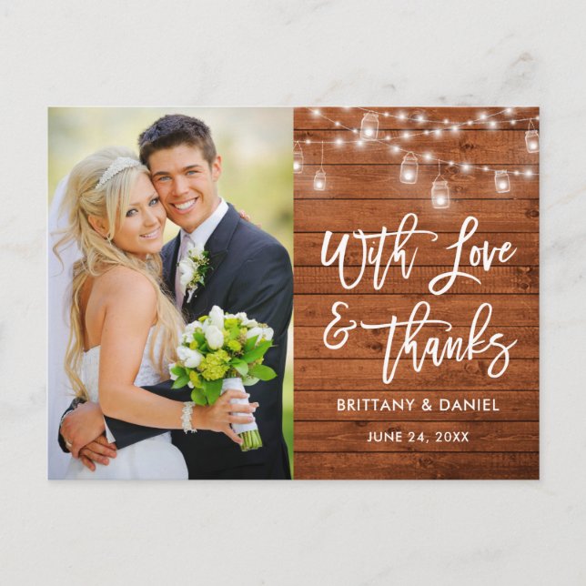 Postal Pincel Script Madera Luces Amor y Gracias Boda (Anverso)