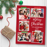 Postal Pincel Script Merry Cinta Cinta Cañón de Navidad R<br><div class="desc">Guión de pincel moderno Feliz Navidad 5 Collage de fotos con tarjeta de postales de ferias de Cinta. Fondo Rojo.</div>