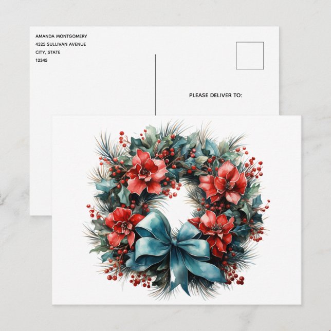 Postal Pine Wreath con Navidades Holly (Anverso / Reverso)