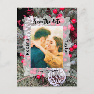 Postal Pinecone Evergreen Berries Boda Foto Guardar fecha