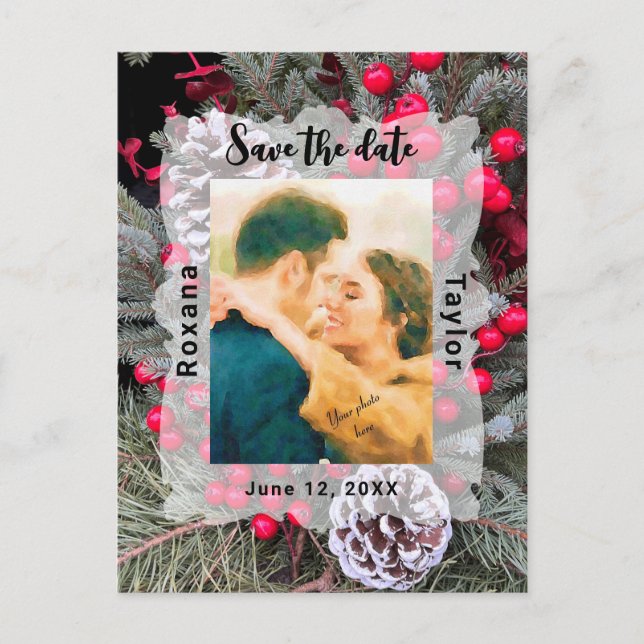 Postal Pinecone Evergreen Berries Boda Foto Guardar fecha (Anverso)