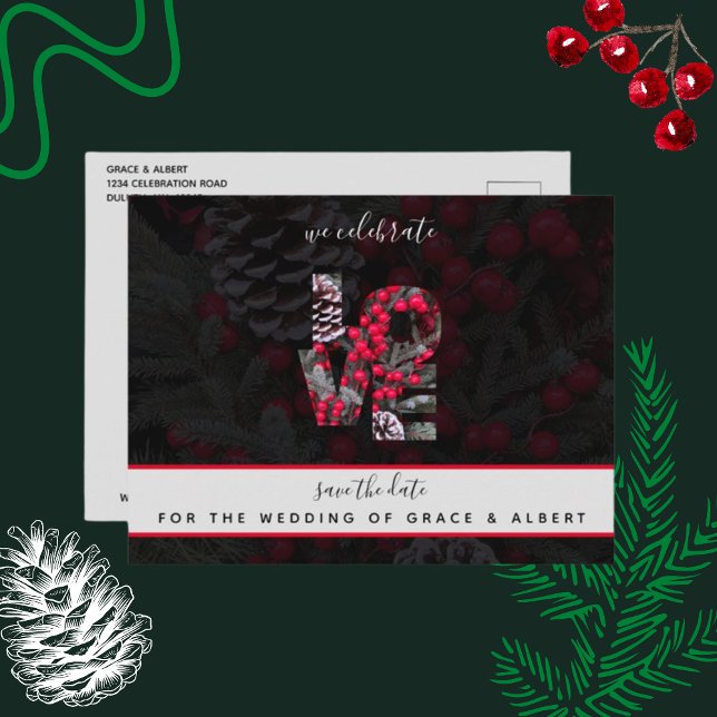 Postal Pinecone Evergreen Red Berries Boda Save Date (Subido por el creador)