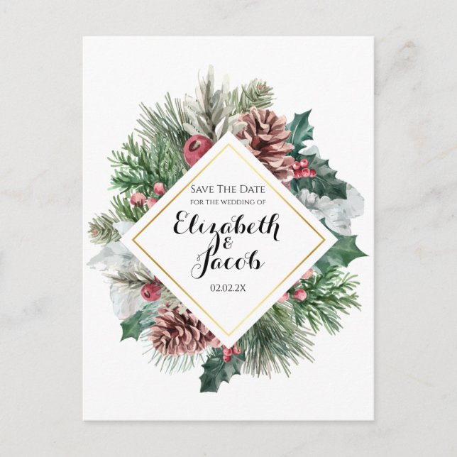 Postal Pinecones de invierno y Holly Save the Date (Anverso)