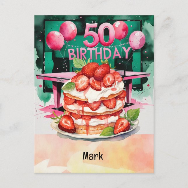 Postal Ping Pong 50° cumpleaños con pastel (Anverso)