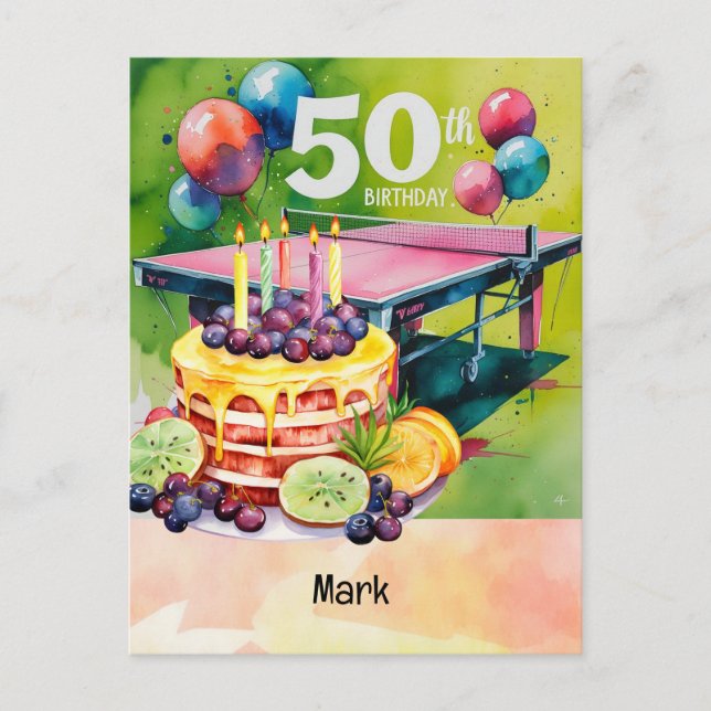 Postal Ping Pong 50° cumpleaños con pastel (Anverso)