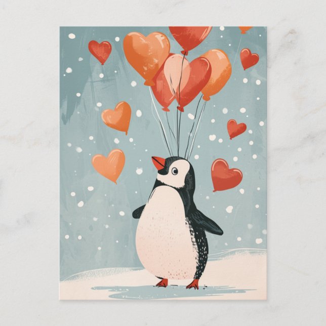 Postal Pingüino adorable con globos cardíacos (Anverso)