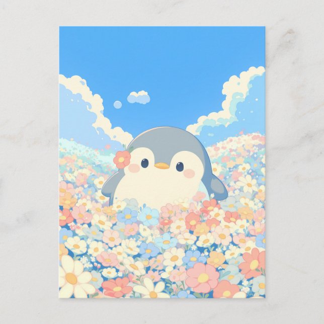 Postal Pingüino Adorable en Pradera Colorida de Primavera (Anverso)