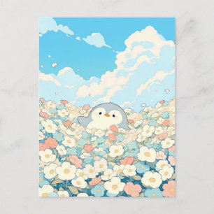 Postal Pingüino Adorable en Pradera de Flores Coloridas