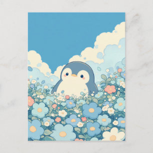 Postal Pingüino Adorable en Pradera de Flores Pastel