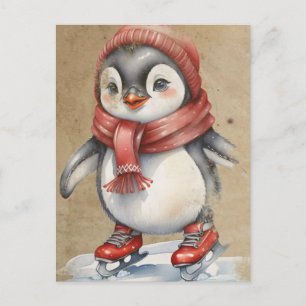 Postal Pingüino Adorable Patinando sobre Hielo