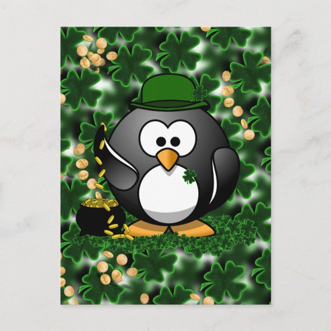 Postal Pingüino afortunado del Día de San Patricio con Or (Anverso)