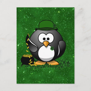 Postal Pingüino afortunado del Día de San Patricio con Or