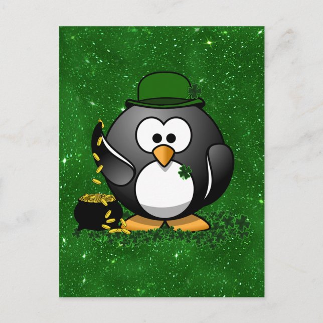 Postal Pingüino afortunado del Día de San Patricio con Or (Anverso)