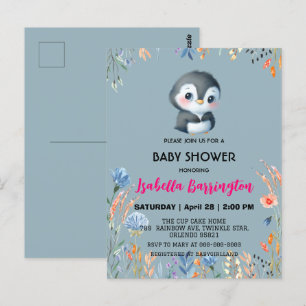 Postal Pingüino azul Cute flor dulce bebé ducha niños