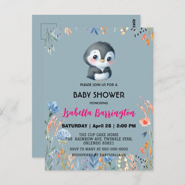 Postal Pingüino azul Cute flor dulce bebé ducha niños (Anverso / Reverso)