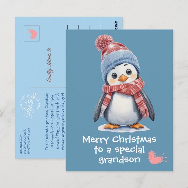 Postal Pingüino azul lindo para Navidades infantiles (Anverso / Reverso)