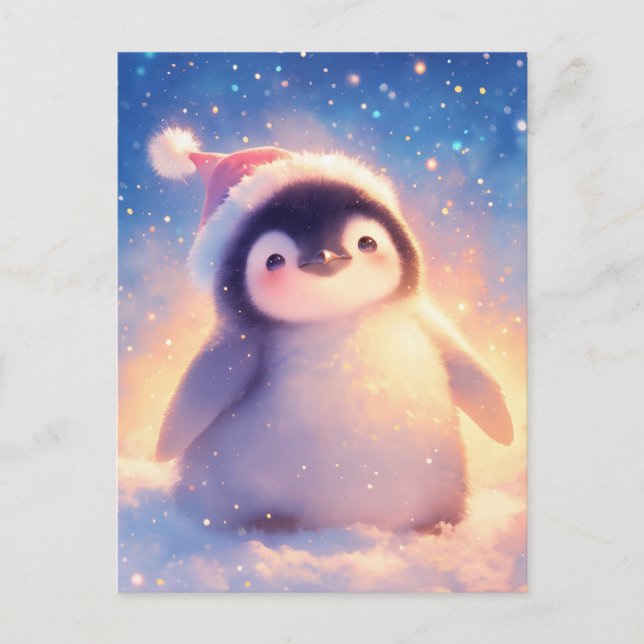 Postal Pingüino bebé con sombrero rojo de Santa Claus (Anverso)