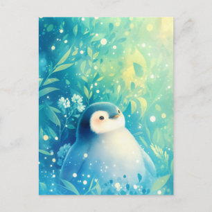 Postal Pingüino Bebé Dulce en Jardín de Flores Turquesas