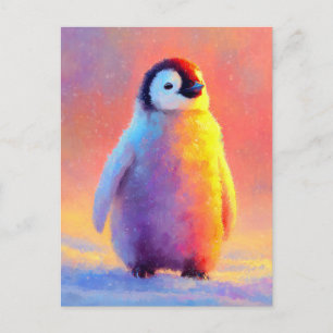 Postal Pingüino Bebé en Nieve con Brillo de Arcoíris