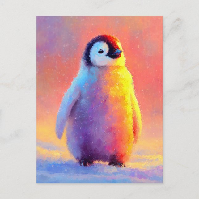 Postal Pingüino Bebé en Nieve con Brillo de Arcoíris (Anverso)