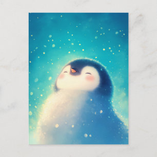 Postal Pingüino Bebé Feliz en Nieve Azul