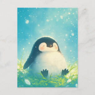 Postal Pingüino bebé feliz en pradera nevada y herbosa