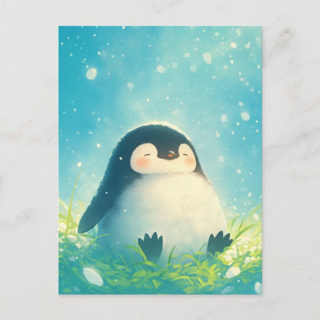 Postal Pingüino bebé feliz en pradera nevada y herbosa (Anverso)