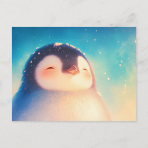 Postal Pingüino bebé feliz en sol de invierno dorado