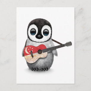 Postal Pingüino bebé toca guitarra con bandera de Singapu