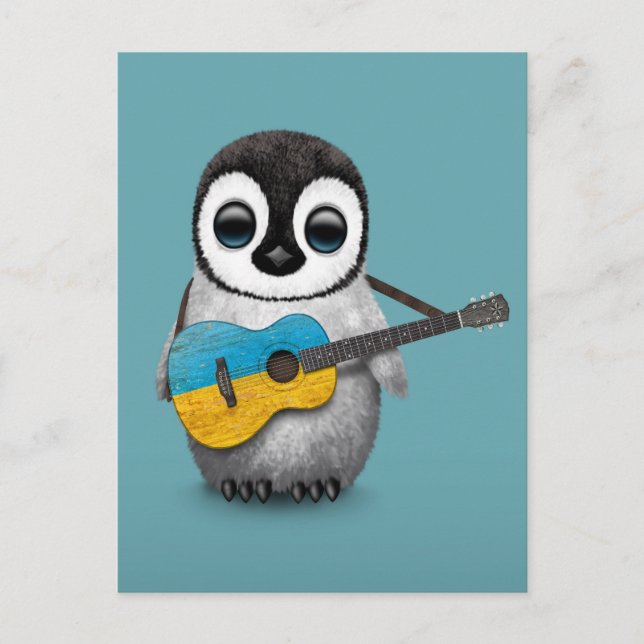 Postal Pingüino bebé toca la guitarra con bandera ucrania (Anverso)