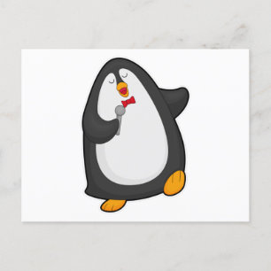 Postal Pingüino cantando con micrófono y corbata