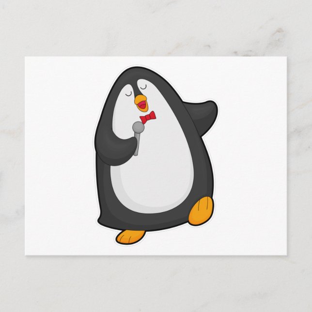 Postal Pingüino cantando con micrófono y corbata (Anverso)